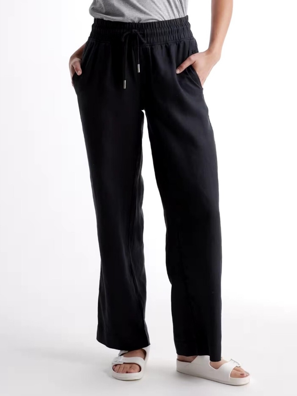 Quince European Linen Black Wide-Leg Drawstring Pants size Medium